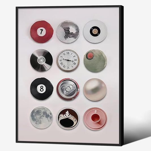 Trendy Retro Disco Wall Art - Vintage Lucky 8 Ball Poster, Funky Music Record Wall Decor, 08x10 inch Black Framed Unique 7 Ball Canvas Prints