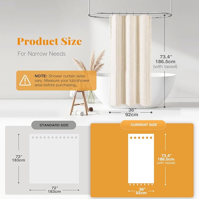 BTTN Boho Shower Stall Curtain - 36x72 Narrow Linen Ultra Thick Striped Tassel Fabric Shower Curtain Set with 6 Hooks, Half Modern Farmhouse Cottage Weighted Shower Curtains for Bathroom - Cream/Beige