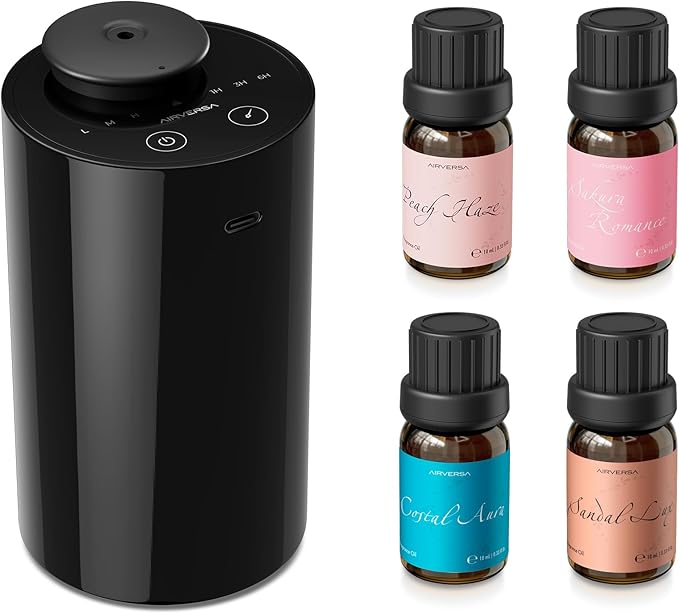 Waterless Essential Oil Diffuser Starter Kit with 4 x 10mL Fragrance Scent Oil, Battery Operated Mini Scent Air Machine Portable Diffuser for Home Car Office, AN6 Black Kit01