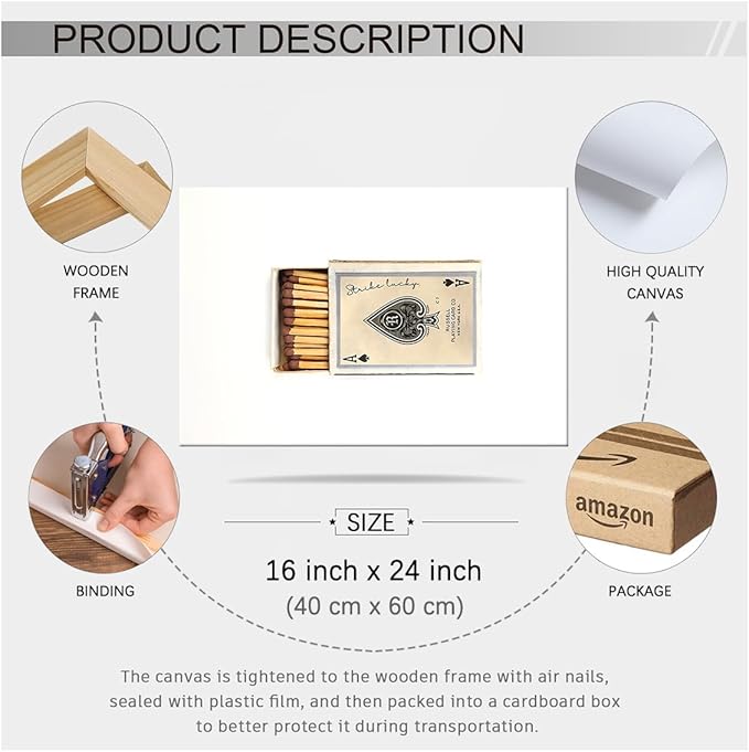 Retro Matches Poker Canvas Posters Vintage Ace of Spades Playing Cards Matchbox Wall Art 16x24 inch Framed Trendy Preppy Wall Decor Funky Aesthetic Prints for Living Room