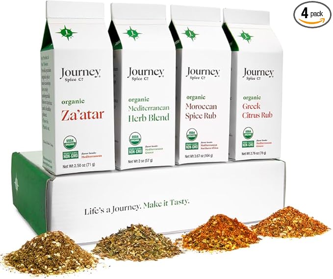 Organic Gourmet Mediterranean Spice and Seasoning Gift Set by Journey Spice Co. | Salt-Free | Sugar-Free | Non-GMO | All-Purpose | Use for Cooking and Baking Poultry, Vegetables, Meat, Rice, and More | 10.93 oz. (total)