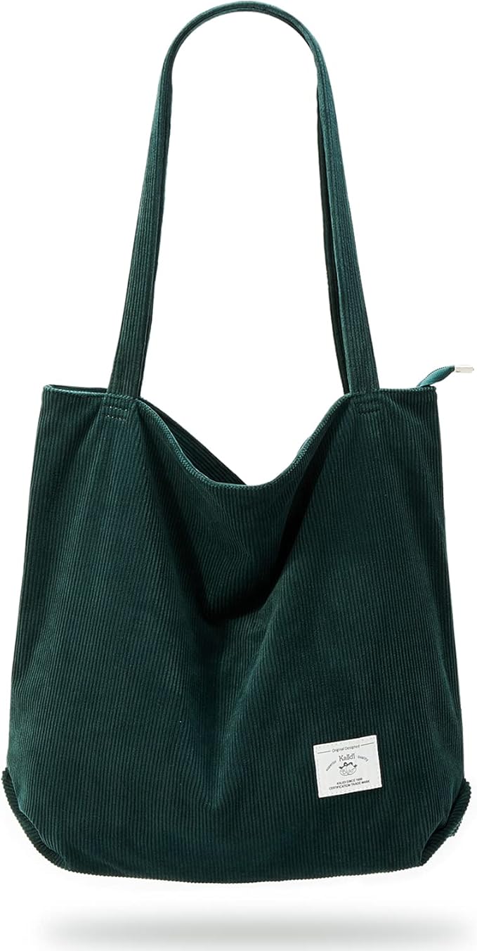 KALIDI Women Corduroy Tote Bag Zipper Casual Tote's Handbag Big Capacity Shoulder Bag with Pockets