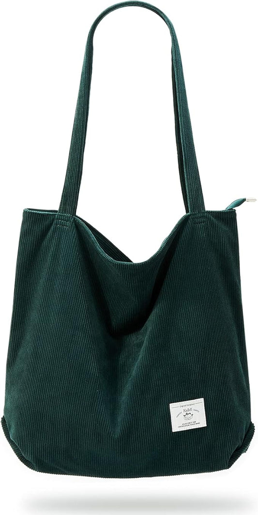 KALIDI Women Corduroy Tote Bag Zipper Casual Tote's Handbag Big Capacity Shoulder Bag with Pockets