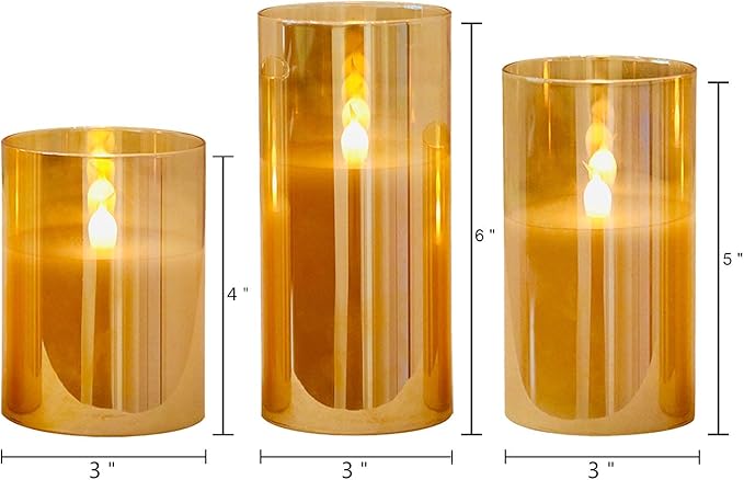 GenSwin Gold Glass Battery Operated Flameless Led Candles with 10-Key Remote and Timer, Real Wax Candles Warm White Flickering Light for Home Decoration(Set of 3)