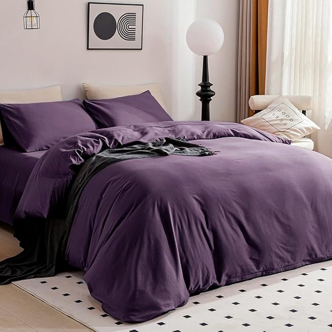 JELLYMONI Purple Bedding Duvet Cover Set - 100% Washed Cotton Linen Like Textured California King Comforter Cover, 3 Pieces Soft Bedding Set with Zipper Closure (Purple, Cal King 104"x98")