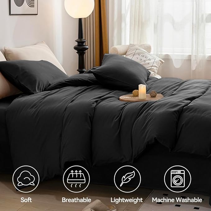 JELLYMONI Black Duvet Cover Full Size - 100% Washed Cotton Linen Like Textured Comforter Cover, 3 Pieces Breathable Soft Bedding Set with Zipper Closure (Black, Full 80"x90")