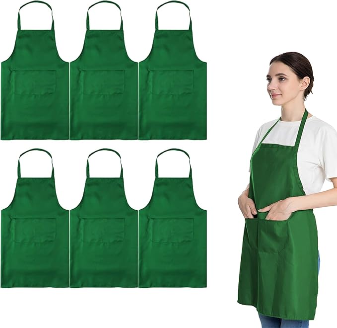 Total 6PCS Green Plain Color Bib Apron for Adult Women Unisex Durable Comfortable with 2 Front Pockets Washable Aprons for Chef Cooking Baking Kitchen Restaurant Crafting