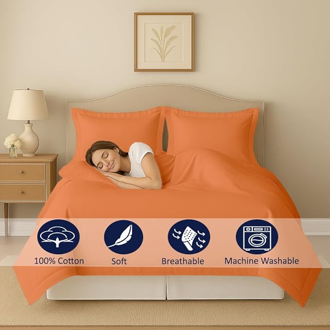 eBeddy Linens Duvet Cover Set Oversized King Plus 120x128 Inch 100% Cotton Soft and Breathable 3 Pieces (1 Duvet Cover & 2 Pillow Shams) Zipper Closure & Corner Ties, Burnt Orange Solid