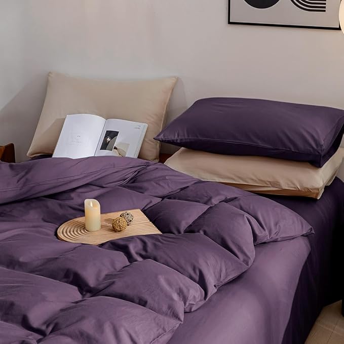JELLYMONI Purple Duvet Cover Full Size - 100% Washed Cotton Linen Like Textured Comforter Cover, 3 Pieces Breathable Soft Bedding Set with Zipper Closure (Purple, Full 80"x90")