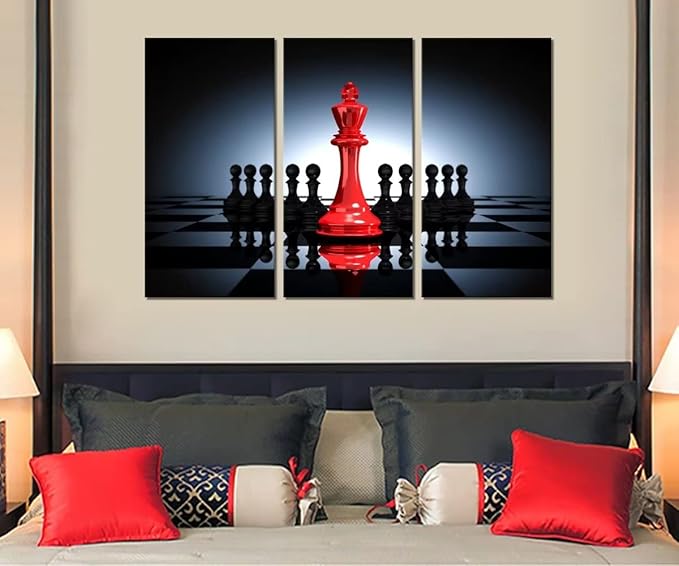 Chess Canvas Wall Art Poster Prints Modern King and Knight Pictures Still Life Painting Framed Giclee Artwork for Office Game Room Decor Red and Black Ready to Hang 3 Panel