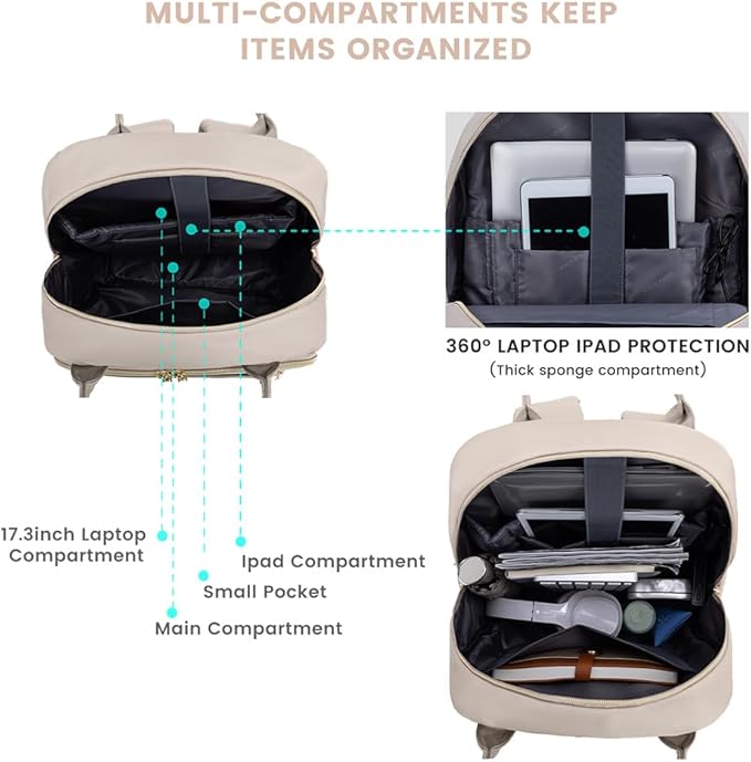 LOVEVOOK Laptop Backpack for Women, Water Resistant Travel Work Backpacks Purse Stylish Business Teacher Nurse Computer Bag with USB Charging Port,Antiquewhite