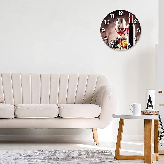 Red Wine with ripe Grapes Wall Clock Battery Operated Silent Round Clock Wall Decor for Home Office School, 12 Inch