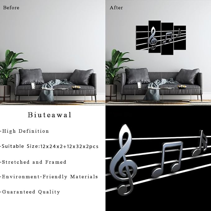 Biuteawal Music Wall Art Modern Musical Note Canvas Prints 4 Panels Stretched and Framed Black White Notes Beating on Staff Picture Decor Artwork for Party Home Living Room Bedroom Ready to Hang