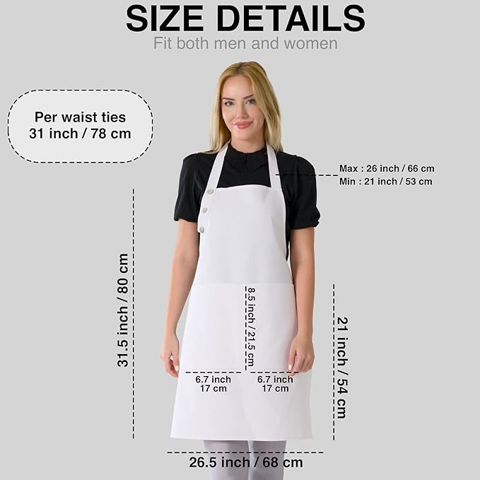 TOSHE Kitchen Apron Waterdrop Resistant Cotton Apron with adjustable Aprons for Women with Pockets 10 Color option Cooking White Apron(White)