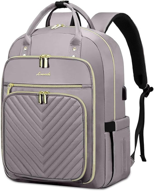 LOVEVOOK Laptop Backpack for Women, Water Resistant Travel Work Backpacks Purse Stylish Business Teacher Nurse Computer Bag with USB Charging Port,Purple Gray