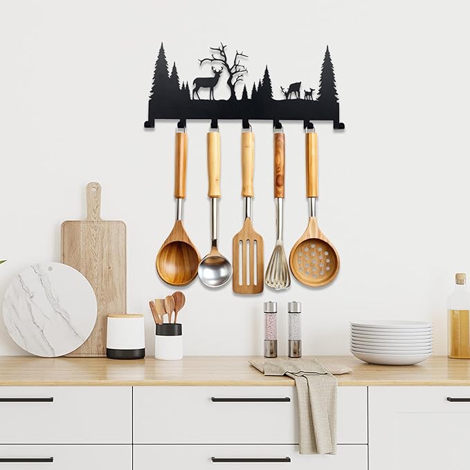 Forest Silhouette Metal Hook Rack - Rustic Wall Mounted Hooks for Coats, Keys, and Outdoor Gear - Decorative Deer & Pine Tree Design, Black