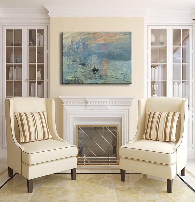 Wieco Art Impression Sunrise Modern Stretched and Framed Giclee Canvas Prints of Claude Monet Famous Oil Paintings Reproduction Seascape Artwork Pictures on Canvas Wall Art for Home Decorations L