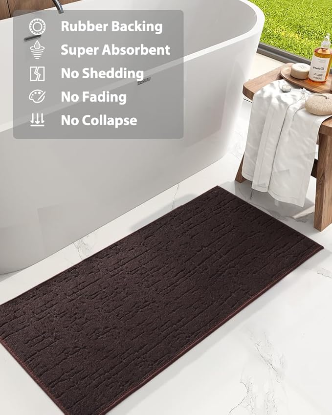 AMOAMI-Bath Mat-Absorbent Quick Dry Bathroom Floor Mats-Washable Rubber Backing Bath Mats for Bathroom Rugs Fit Under Door-Bath Rug for in Front of Sink Bathtub Shower Room, Brown 24''x70''