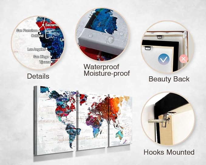 Wall Art for Office Pictures for Living Room Wall Decorations Bedroom Wall Decor for Women Girl Large Map of the World Canvas Art Wall Decor Classroom Decor