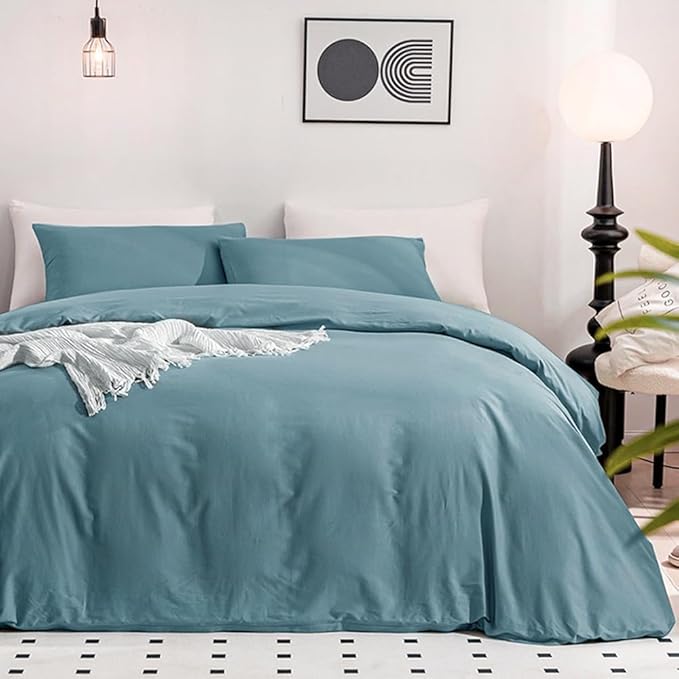 JELLYMONI Cotton Grayish Blue Duvet Cover Twin Size - Washed Cotton Linen Like Textured Comforter Cover, 2 Pieces Breathable Soft Bedding Set with Zipper Closure (Grayish Blue, Twin 68"x90")