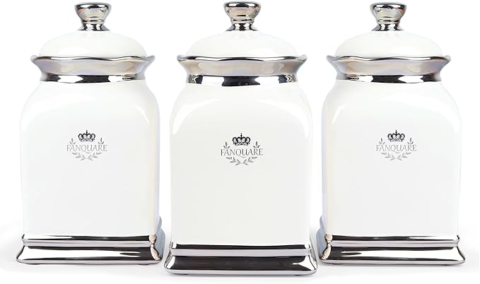 fanquare 30 OZ Cookie Jar, White Kitchen Canisters Set of 3, Farmhouse Porcelain Decorative Jars for Countertop, Ceramic Storage Jar for Coffee, Sugar, Tea Bag