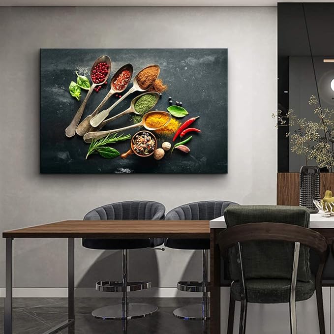 Mistyefly Kitchen Wall Art Canvas Print - Colorful Spice Spoons - 12''Hx18''W - Modern, Contemporary Style - UV Resistant, Waterproof - Kitchen Dining Room Decor