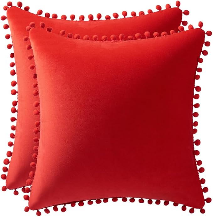 DEZENE Throw Pillow Covers 18x18 Red: 2 Pack Cozy Soft Pom-poms Velvet Square Decorative Pillow Cases for Farmhouse Home Decor
