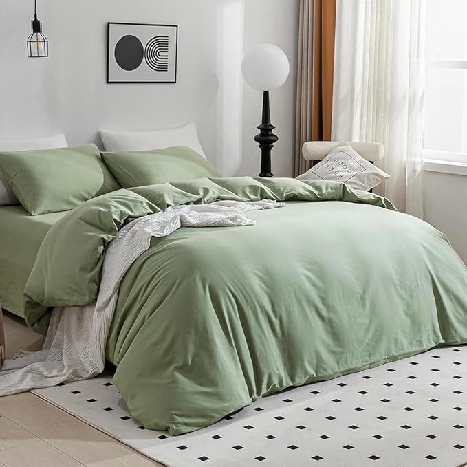 JELLYMONI Light Green Duvet Cover California King - 100% Washed Cotton Linen Like Textured Comforter Cover, 3 Pieces Breathable Soft Bedding Set with Zipper Closure (Light Green,Cal King 104"x98")