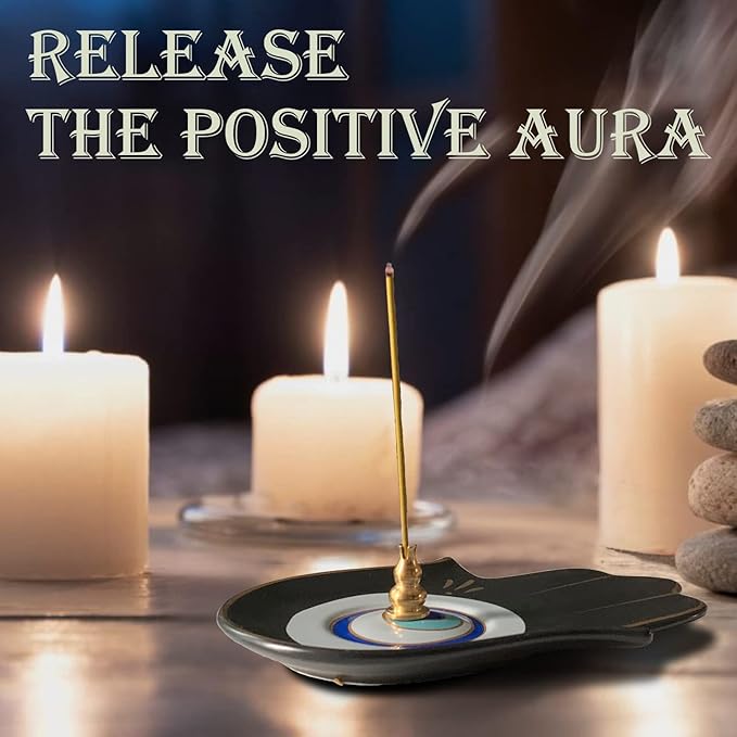 Ceramic Hamsa Hand Incense Holder - 2 in 1 Brass Incense Holder for Sticks and Coil Incense- Zen Decor with Hand of Fatima Design Protection from Evil - 6.2" L X 4.5" W (Blackeye)