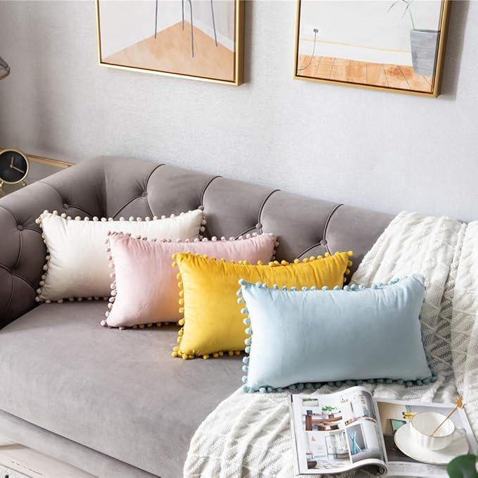 DEZENE Throw Pillow Cases 12x20 Light-Blue: 2 Pack Cozy Soft Pom-poms Velvet Rectangular Decorative Pillow Covers for Farmhouse Home Decor