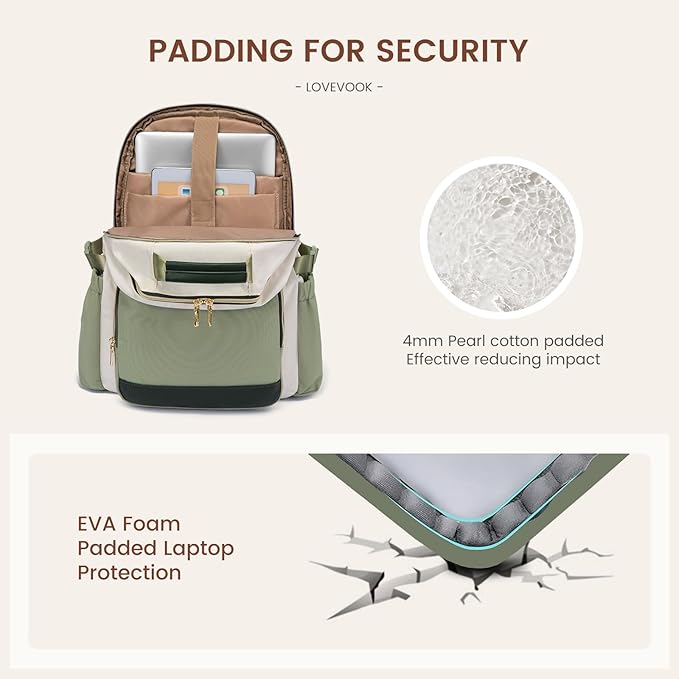 LOVEVOOK Laptop Backpack for Women with Pouch Pocket for Large Capacity Cup,15.6 Inch Teacher Nurse College Work Backpack Purse,Waterproof Laptop Bag Computer Back Pack for Travel, Beige-Green-Black