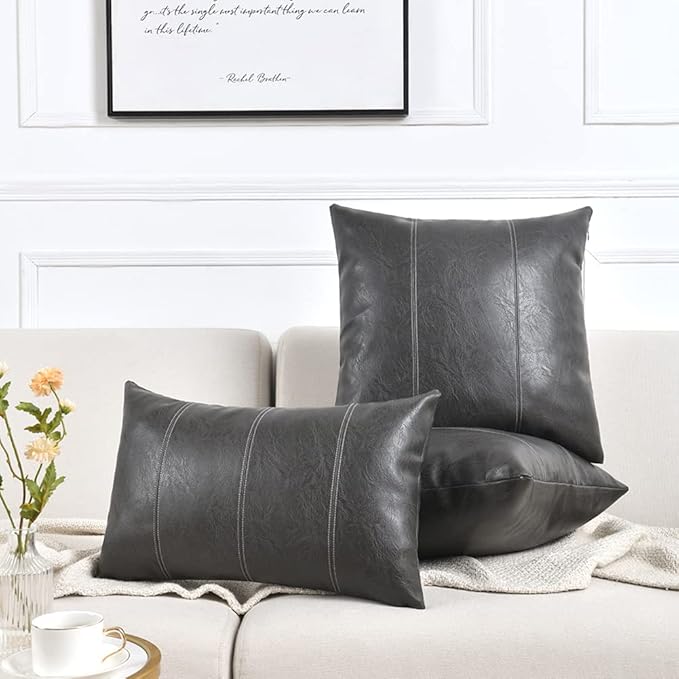 Fancy Homi 2 Packs Dark Gray Lumbar Faux Leather Decorative Throw Pillow Covers 12x20 Inch for Outdoor Couch Bed, Modern Farmhouse Boho Home Decor, Grey Hand Stitched Cushion Case 30x50 CM