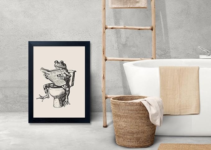 Frog Bathroom Decor Funny Bathroom Wall Art Frog on Toilet Reading Newspaper Canvas Painting Animal Artwork Pictures for Bathroom Decorations