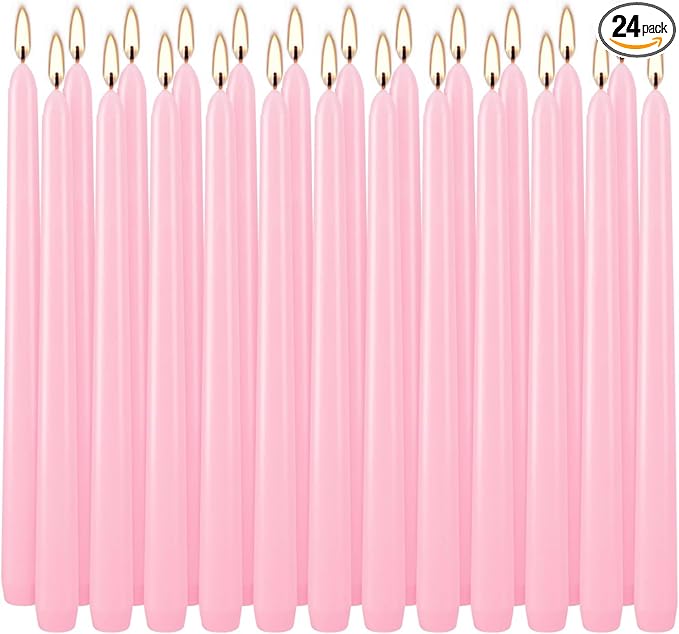 24 Pack Pink Taper Candles, 7-8 Hours Burn Time, Unscented, Smokeless and Dripless, 0.75 x 10 Inch Dinner Candle Set for Household, Wedding, Party and Home Décor Candlesticks