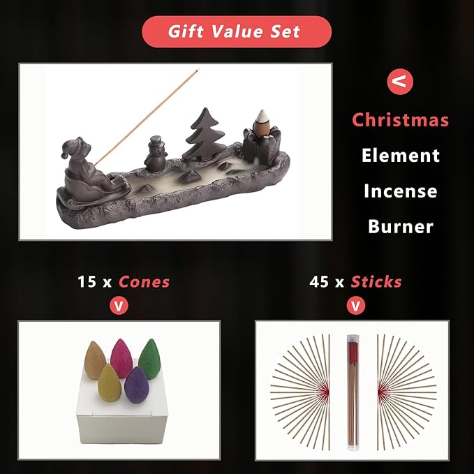 ChangWanna Christmas Frog Incense Burner - Xmas Incense Holder Ash Catcher, Ceramic Cone Backflow Incense Stand Smoke Fountain with 45 Sticks & 12 Cones, Frog Ornament for Aromatherapy/Yoga/Home Decor