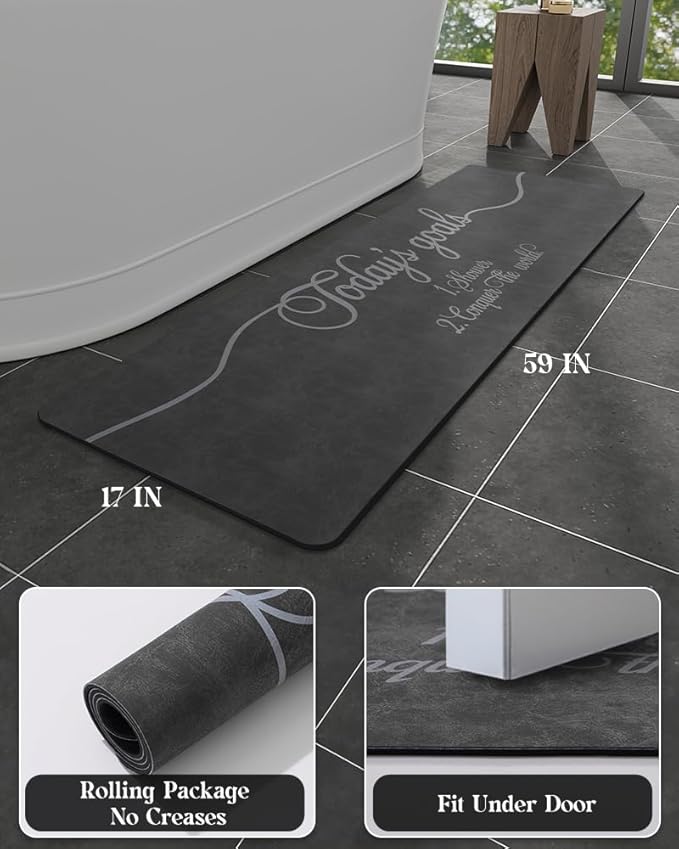 MontVoo -Bath Mat Rug- Non Slip Quick Dry Absorbent Thin Bathroom Rugs Fit Under Door-Faux Suede Surface Bathroom Floor Mats-Shower Rug for in Front of Bathtub Shower 17 X59 Dark Grey Text Pattern