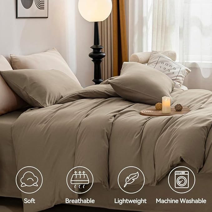 JELLYMONI Khaki 100% Washed Cotton Duvet Cover Set, 3 Pieces Ultra Soft Bedding Set with Zipper Closure. Solid Color Pattern Duvet Cover King Size(No Comforter)