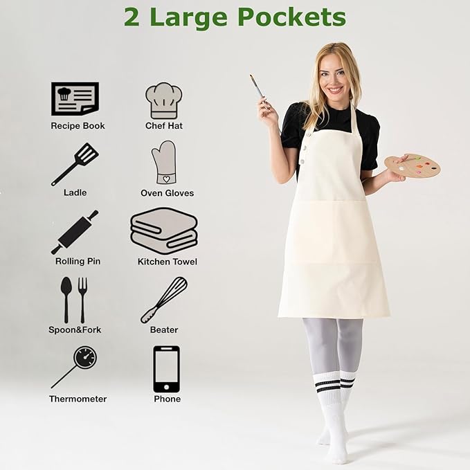 TOSHE Kitchen Apron Waterdrop Resistant Cotton Apron with adjustable Aprons for Women with Pockets 10 Color option Cooking Cream Apron (Cream)