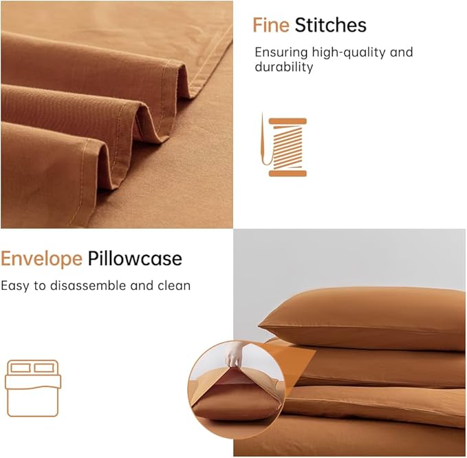 JELLYMONI Cotton Duvet Cover King Size - 100% Washed Cotton Linen Like Textured Comforter Cover, 3 Pieces Breathable Soft Bedding Set with Zipper Closure (Burnt Orange, King 104"x90")
