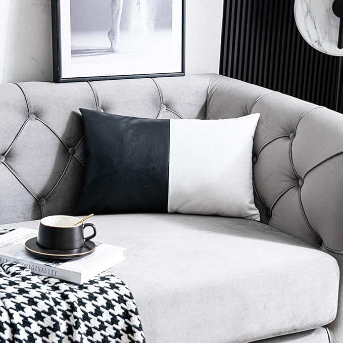 DEZENE Faux Leather Cotton Throw Pillow Covers for Couch Bed Sofa, Set of 2 12 x 20 inch Modern Square Decorative Bedroom Living Room Cushion Cases, Black and White