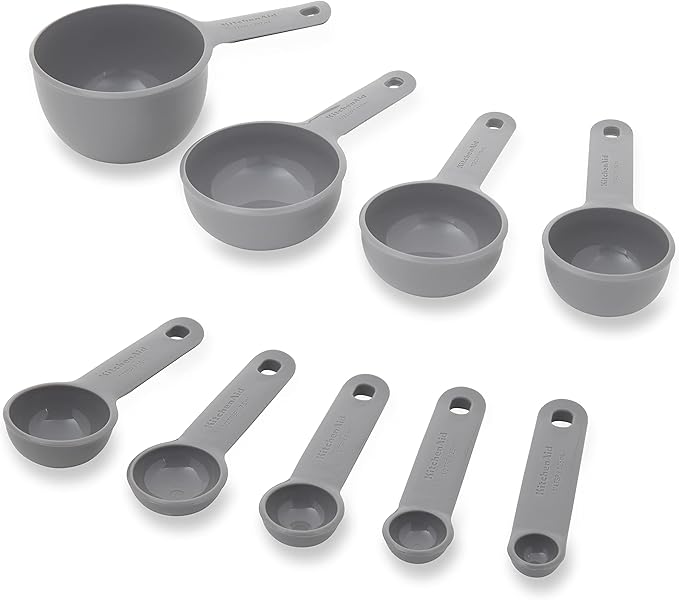 KitchenAid Universal Easy To Read Measuring Cup and Spoon Set with Soft Grip Handle for Maximum Control, Hang Hole and Nesting For Easy Storage, Dishwasher Safe, 9 Piece, Gray