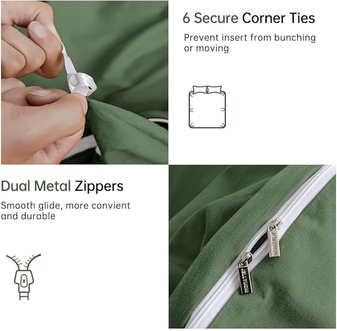 JELLYMONI Green Duvet Cover Queen Size - 100% Washed Cotton Linen Feel Textured Comforter Cover, 3 Pieces Breathable Soft Bedding Set with Zipper Closure (Green, Queen 90"x90")