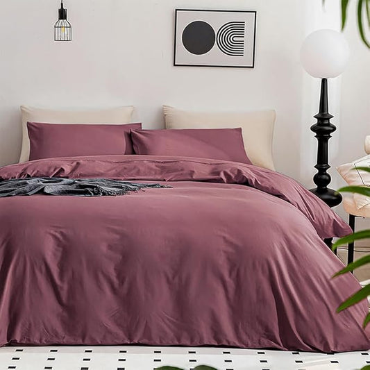 JELLYMONI Plum Duvet Cover King Size - 100% Washed Cotton Linen Like Textured Comforter Cover, 3 Pieces Lightweight Soft Bedding Set with Zipper Closure (Plum, 104"x90")