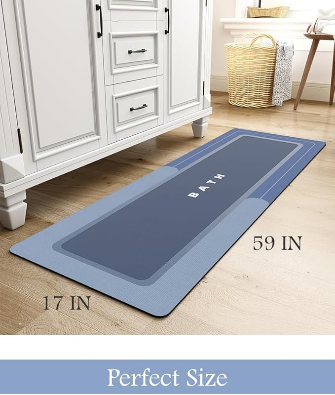 MontVoo-Bath Mat Rug Long Non Slip Super Absorbent Bathroom Runner Stain Resistant Quick Dry Thin Bathroom Mat Fit Under Door-17"x59",Navy
