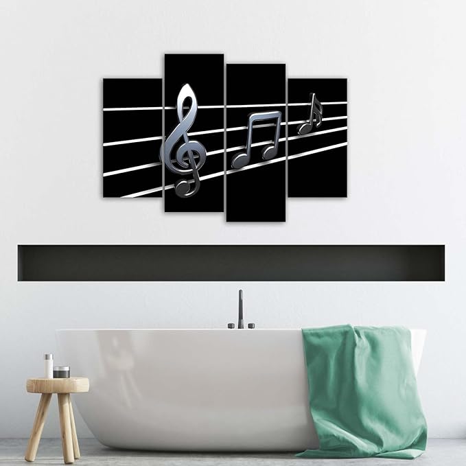 Biuteawal Music Wall Art Modern Musical Note Canvas Prints 4 Panels Stretched and Framed Black White Notes Beating on Staff Picture Decor Artwork for Party Home Living Room Bedroom Ready to Hang