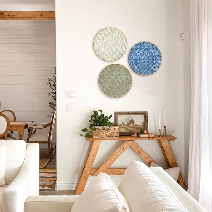 Briful 12" Wall Décor Pack of 3 Metal Blue White Washed Starbursts Radial Plate Wall Art Modern Accent Hanging Wall Decorations For Home Office Bedroom Or Living Room Wall Sculptures