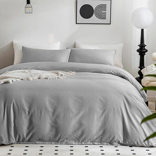 JELLYMONI Light Gray Duvet Cover King Size - 100% Washed Cotton Linen Feel Textured Comforter Cover, 3 Pieces Lightweight Soft Bedding Set with Zipper Closure (Light Gray, King 104"x90")