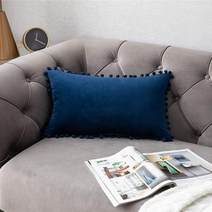 DEZENE 12x20 Throw Pillow Covers Dark-Blue: 2 Pack Cozy Soft Pom-poms Velvet Rectangular Decorative Pillow Cases for Farmhouse Home Decor