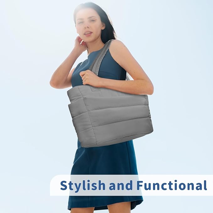 TOPDesign Puffer Tote Bag for Women, Lightweight Puffy Handbag with Compartments, Quilted Shoulder Bag for Work, Travel, Gym