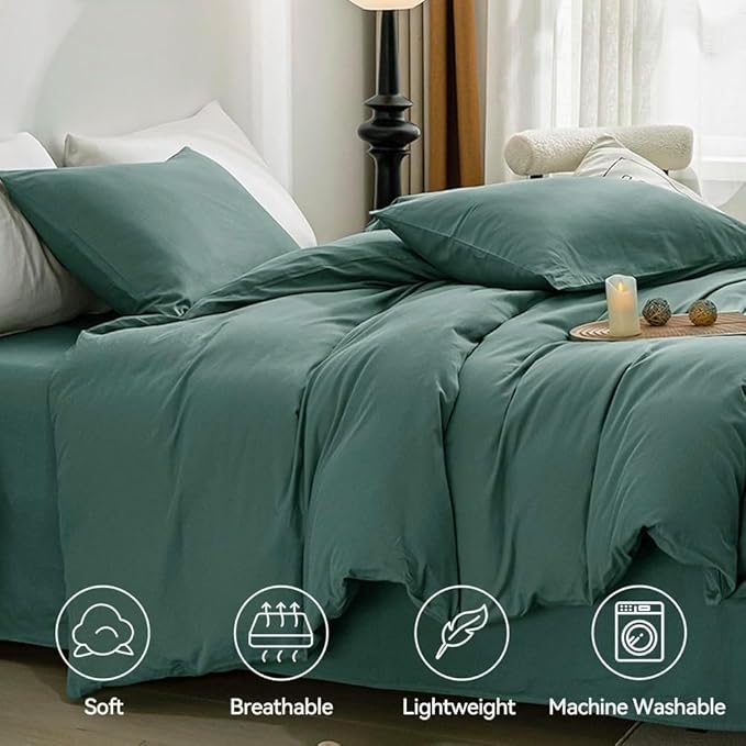 JELLYMONI Dark Green Bedding Duvet Cover Set - 100% Washed Cotton Linen Like Textured California King Comforter Cover, 3 Pieces Soft Bedding Set with Zipper Closure (Dark Green, Cal King 104"x98")